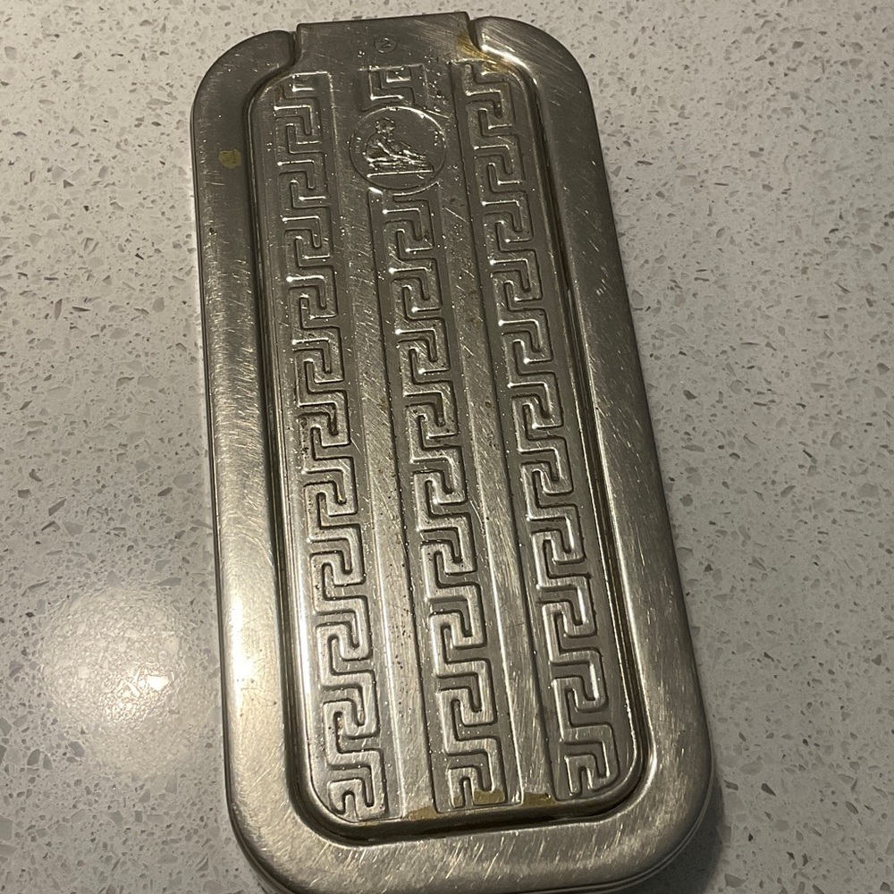 Stylish Silver Metal Case with Greek Key Design